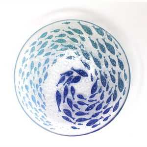 Whirlpool of Fish Glass Bowl in Blue on Clear by Berserks Glass 